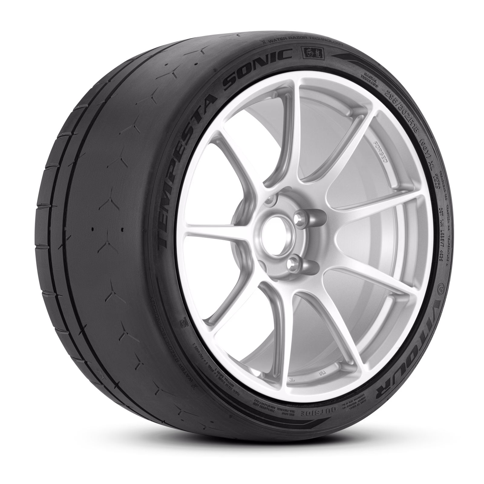 24 1x1 2 Car tire mounted on a silver alloy wheel, shown at an angle to reveal tread and rim details.