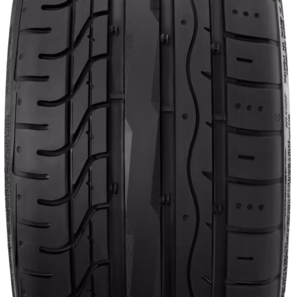 Close-up of a black tire tread showing central grooves and side ridges, highlighting tread pattern and surface texture